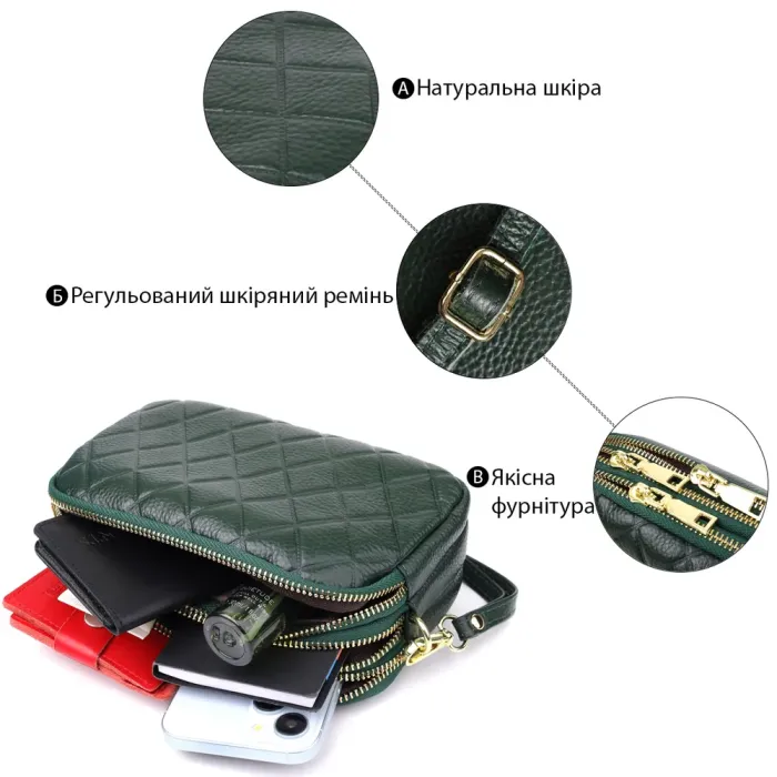 Практична шкіряна сумка на три відділення для жінок Vintage 22893 Зелений