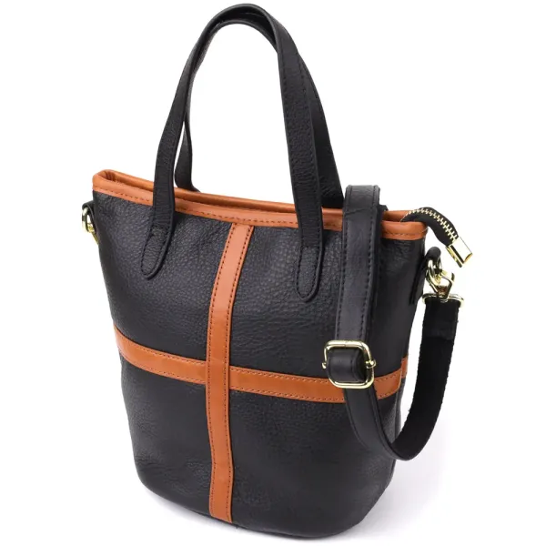 Жіноча шкіряна сумка з коричневою вставкою на лицьовій стороні Vintage 22997 Чорний