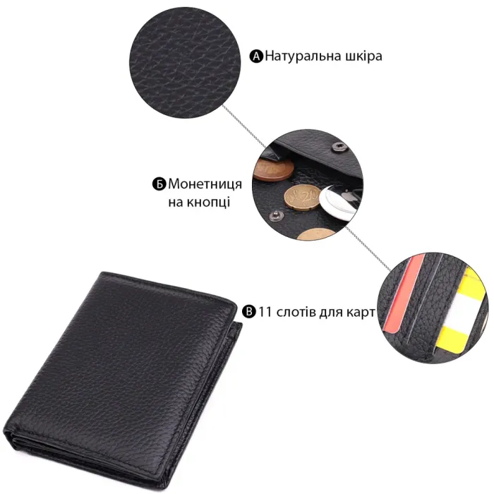 Зручний чоловічий шкіряний гаманець у два складання Vintage 15093 Чорний