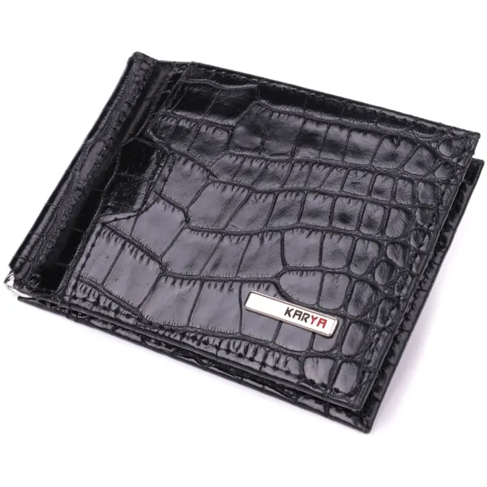 Зручний чоловічий затиск із натуральної фактурної шкіри під крокодила KARYA 22886 Чорний