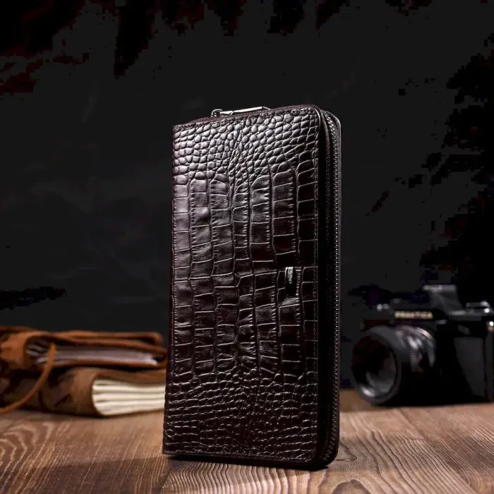 Великий чоловічий клатч з одним відділенням з натуральної шкіри з тисненням під крокодила BOND 22028