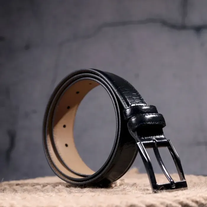 Брючный мужской ремень из натуральной кожи с тиснением под крокодила KARYA 21392 Черный