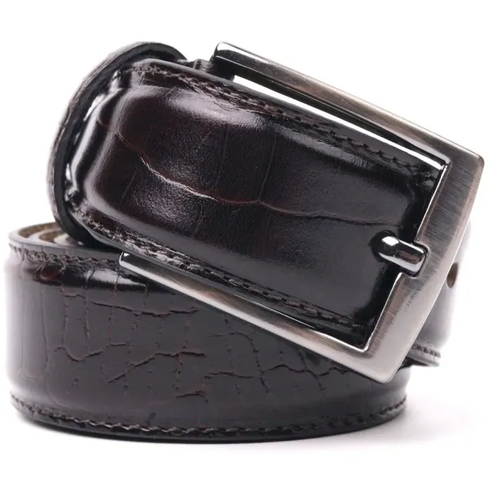Брючный мужской ремень из натуральной кожи с тиснением под крокодила KARYA 21395 Коричневый