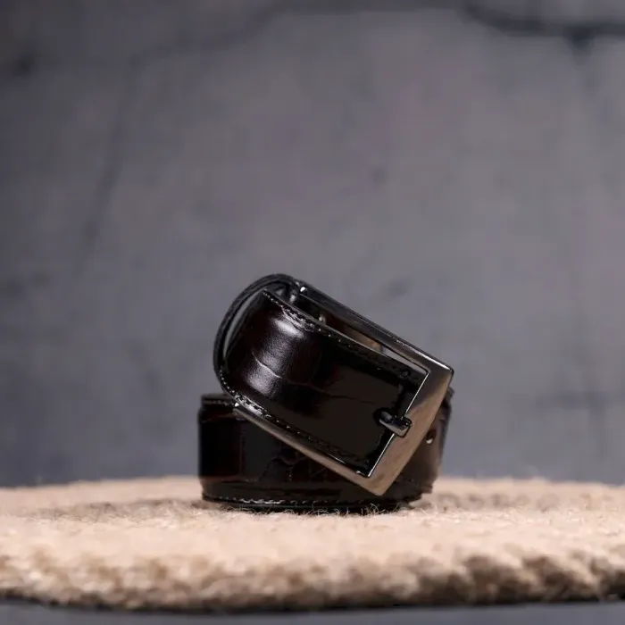 Брючный мужской ремень из натуральной кожи с тиснением под крокодила KARYA 21395 Коричневый