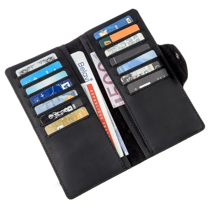 Бумажник мужской вертикальный из винтажной кожи на кнопках SHVIGEL 16182 Черный