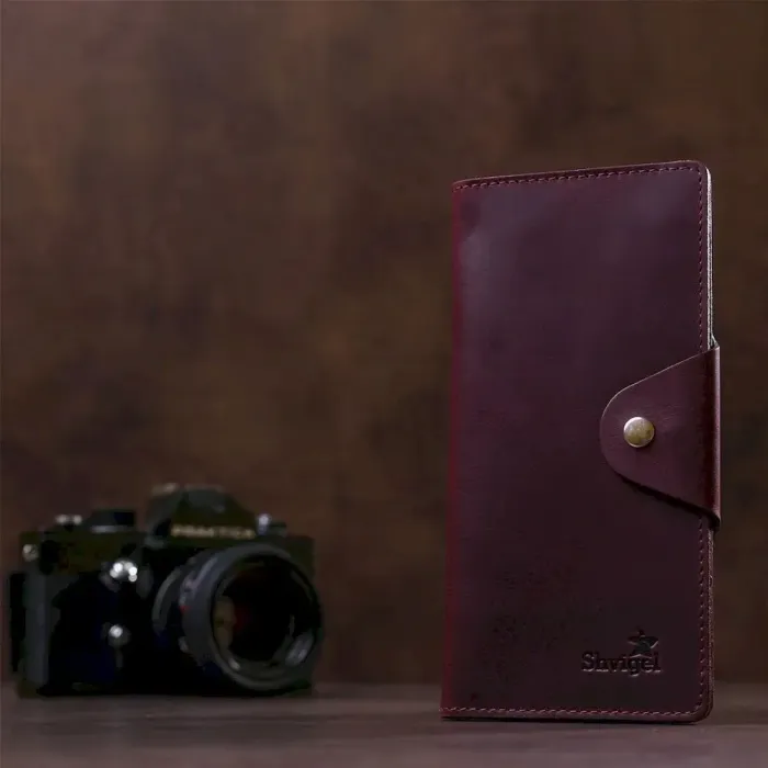 Бумажник женский вертикальный из винтажной кожи на кнопках SHVIGEL 16178 Бордовый