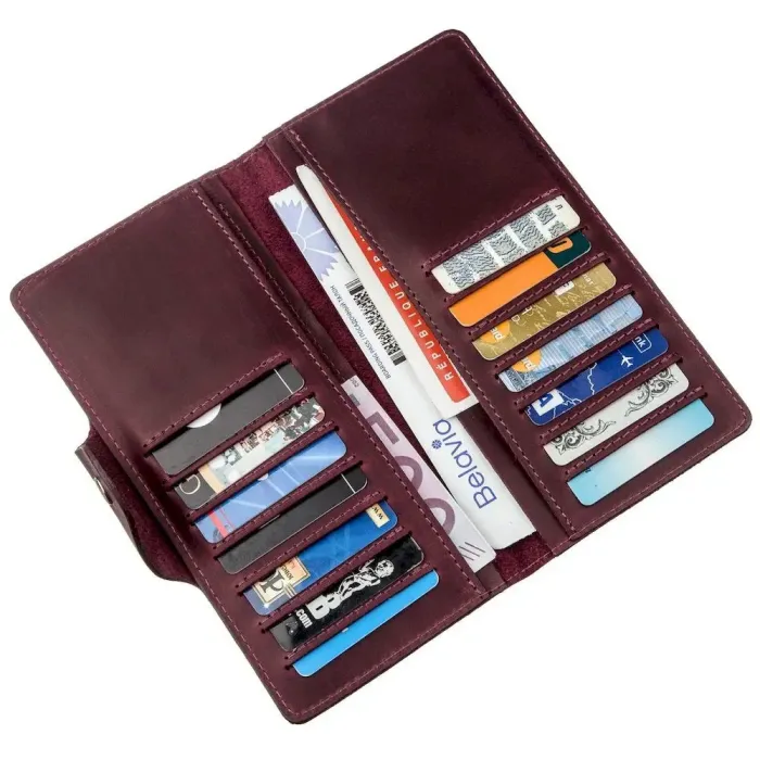 Бумажник женский вертикальный из винтажной кожи на кнопках SHVIGEL 16178 Бордовый