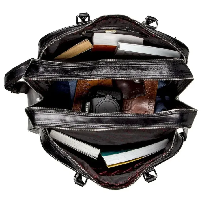 Деловая мужская дорожная сумка гладкая кожа KARYA 17385 Черная