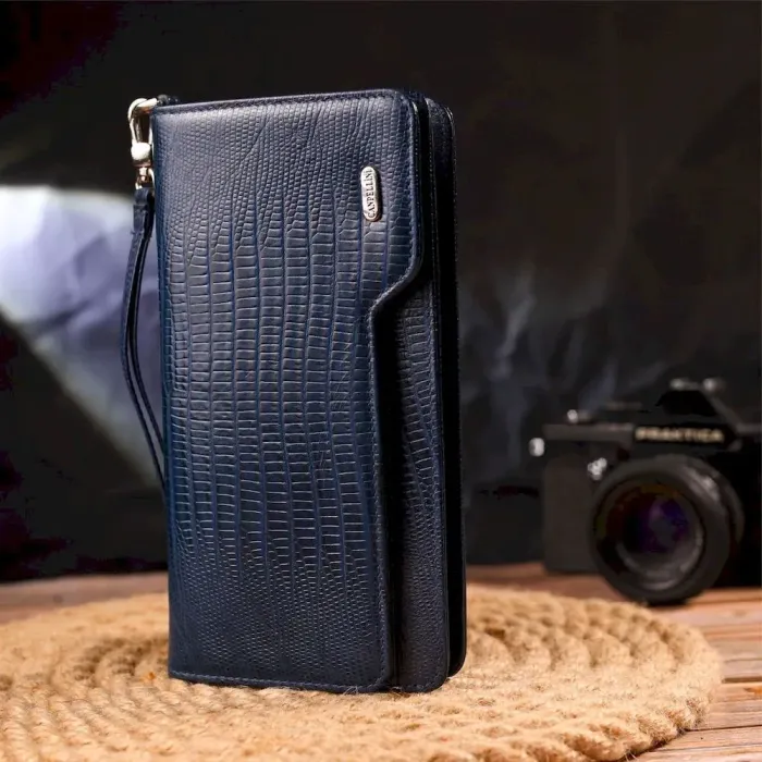 Добротне портмоне клатч із натуральної фактурної шкіри CANPELLINI 21542 Синє