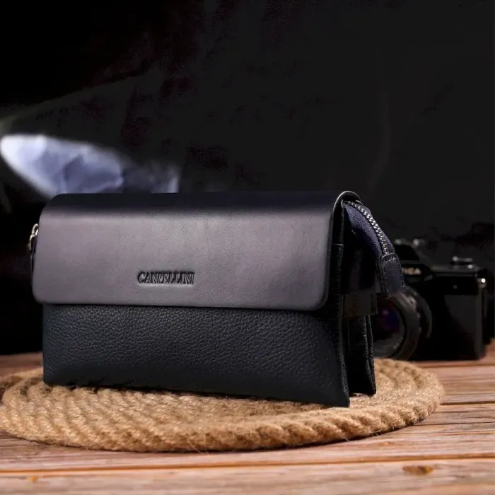 Добротный мужской клатч из натуральной комбинированной кожи CANPELLINI 21565 Синий