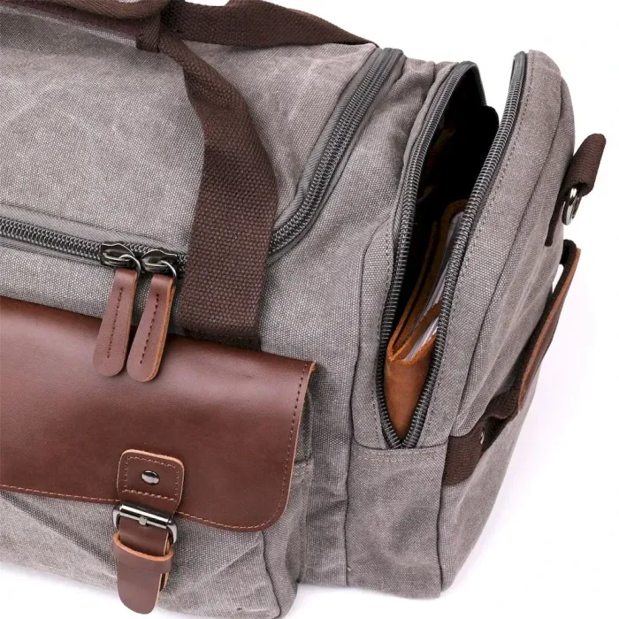 Дорожная сумка текстильная с карманом Vintage 20191 Серая