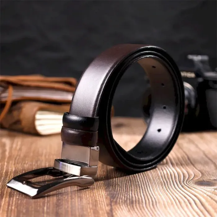 Двусторонний мужской ремень с пряжкой автомат из натуральной кожи BOND 22072 Коричневый