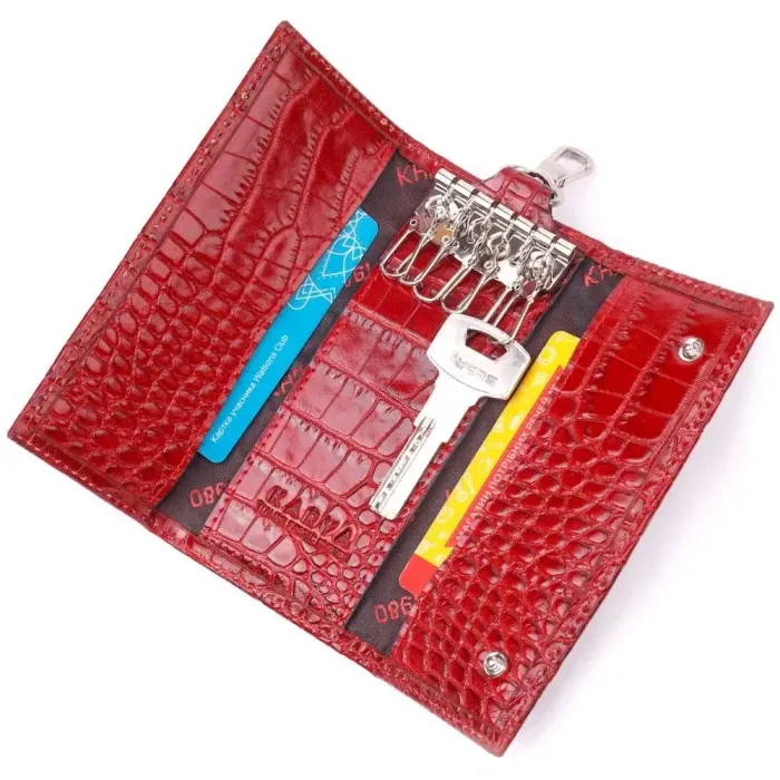 Фактурна ключниця з натуральної шкіри з тисненням під крокодила KARYA 21426 Червоний