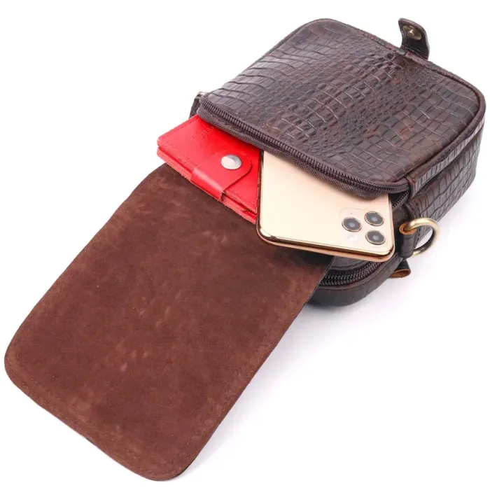 Фактурна чоловіча сумка з натуральної шкіри з тисненням під крокодила 21300 Vintage Коричнева