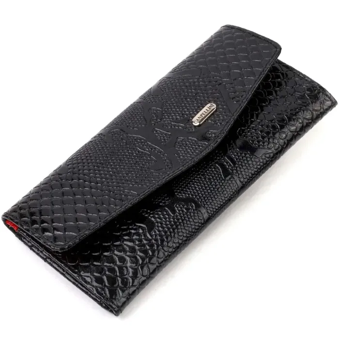 Фактурне жіноче лаковане портмоне з натуральної шкіри з тисненням під змію CANPELLINI 21700 Чорне
