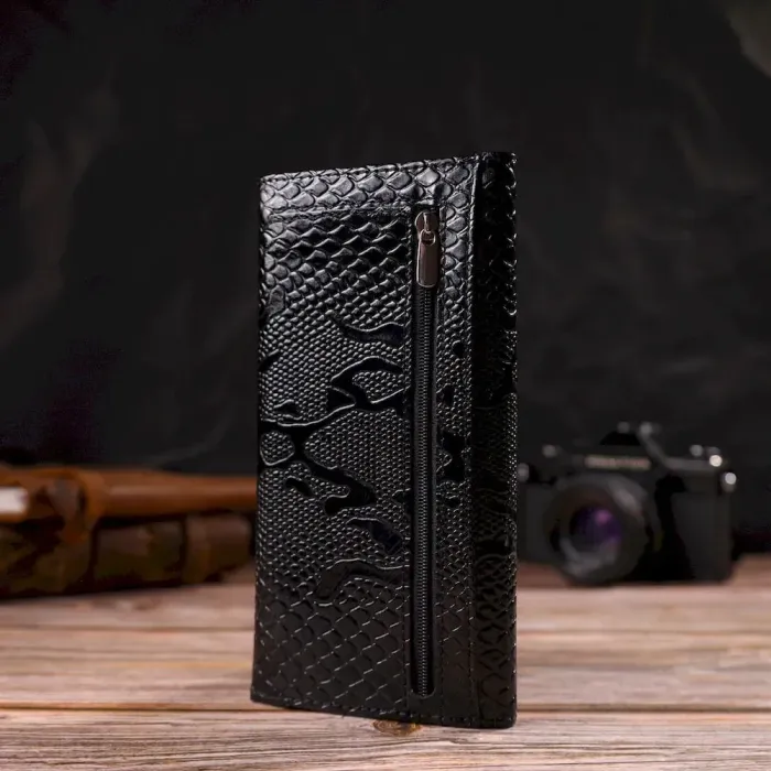 Фактурне жіноче лаковане портмоне з натуральної шкіри з тисненням під змію CANPELLINI 21700 Чорне