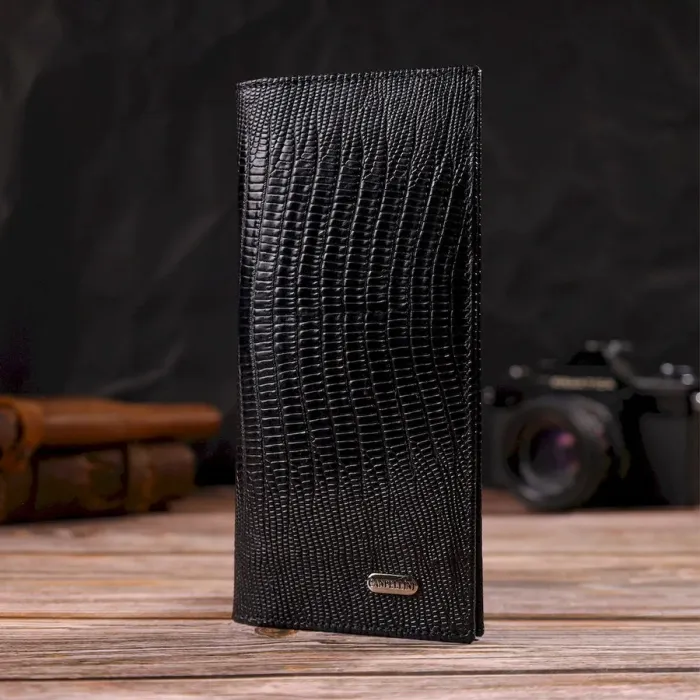 Фактурний чоловічий вертикальний гаманець з натуральної шкіри з тисненням CANPELLINI 21906 Чорний