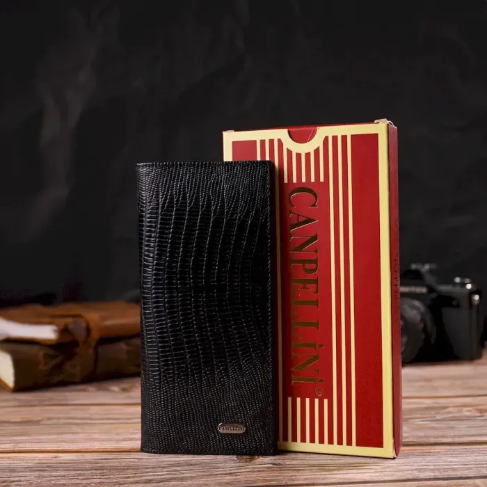 Фактурний чоловічий вертикальний гаманець з натуральної шкіри з тисненням CANPELLINI 21906 Чорний