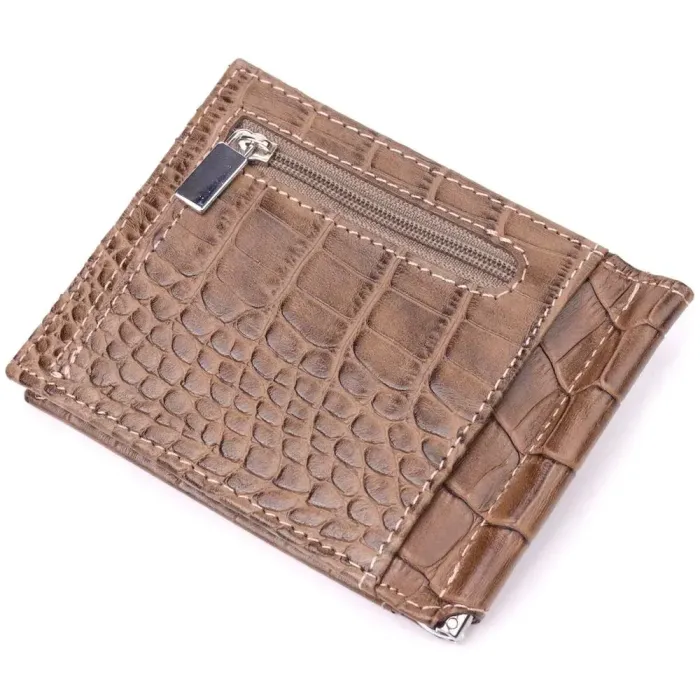 Фактурный мужской зажим из натуральной кожи с тиснением под крокодила KARYA 21415 Бежевый