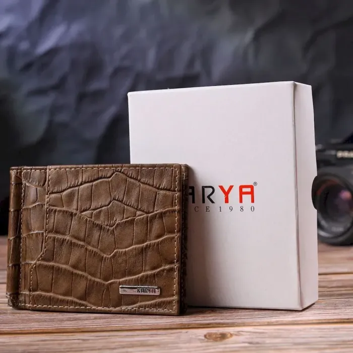 Фактурный мужской зажим из натуральной кожи с тиснением под крокодила KARYA 21415 Бежевый