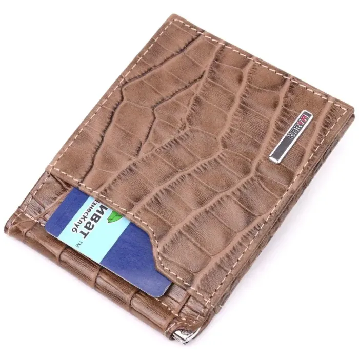 Фактурный мужской зажим из натуральной кожи с тиснением под крокодила KARYA 21415 Бежевый