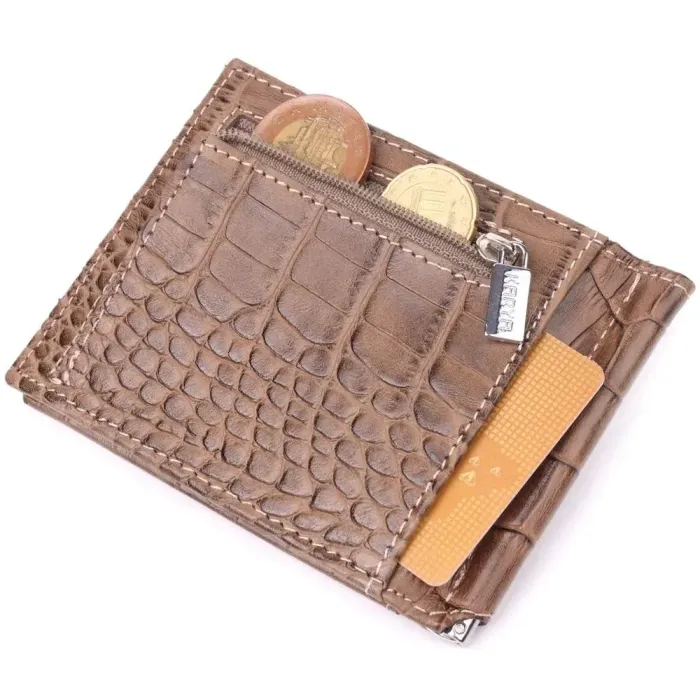 Фактурный мужской зажим из натуральной кожи с тиснением под крокодила KARYA 21415 Бежевый