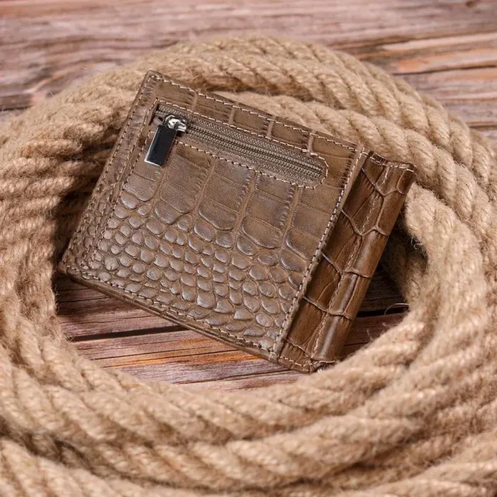 Фактурный мужской зажим из натуральной кожи с тиснением под крокодила KARYA 21415 Бежевый