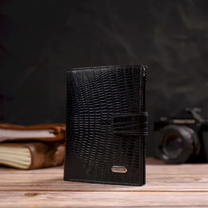 Фактурний вертикальний чоловічий гаманець середнього розміру з натуральної шкіри з тисненням CANPELLINI 21859 Чорний