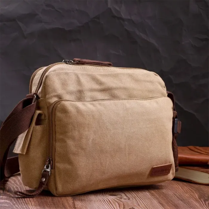 Функціональна чоловіча сумка месенджер із щільного текстилю Vintage 22206 Пісочний