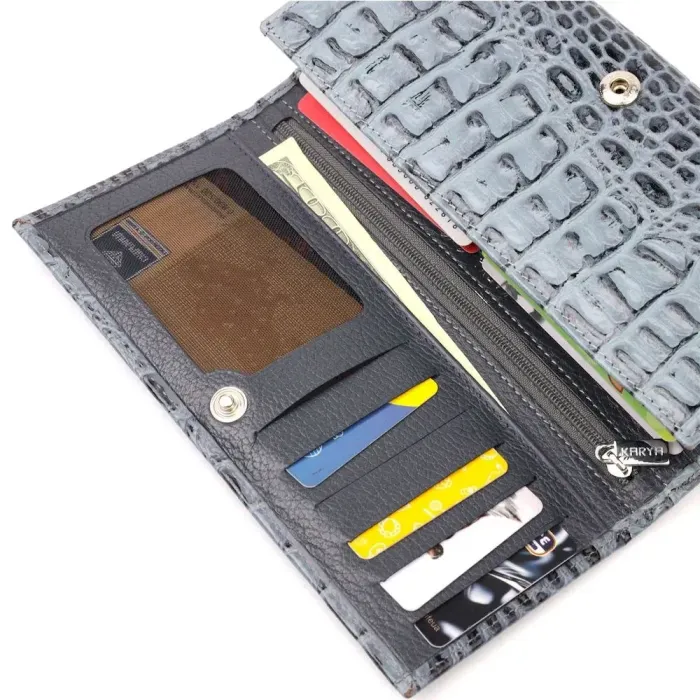Функціональний горизонтальний гаманець із натуральної шкіри з тисненням під крокодила KARYA 21169 Сірий