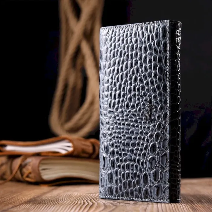 Функціональний горизонтальний гаманець із натуральної шкіри з тисненням під крокодила KARYA 21169 Сірий