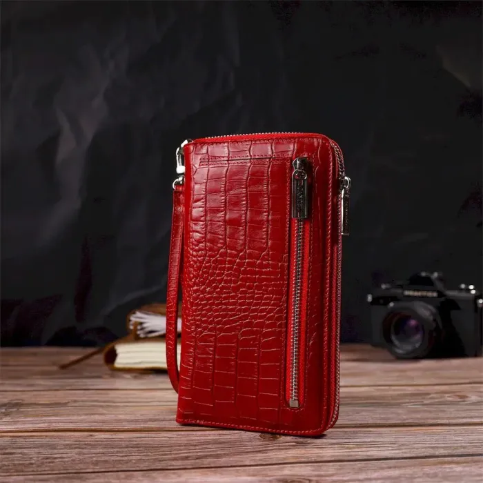 Функциональный клатч для женщин из натуральной кожи с тиснением под крокодила CANPELLINI 21920 Красный