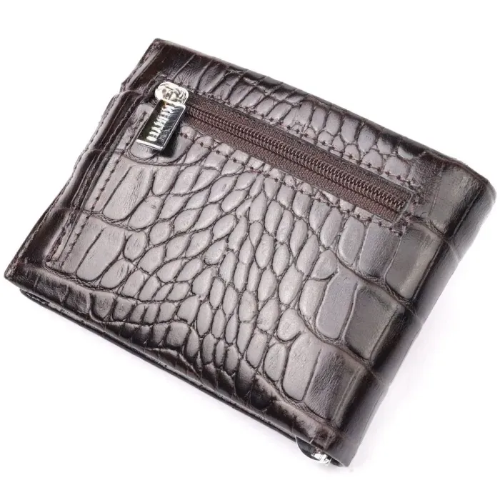 Функціональний чоловічий затиск із натуральної лакованої фактурної шкіри під крокодила KARYA 21044 Коричневий