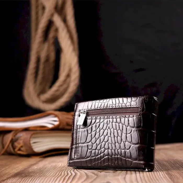 Функціональний чоловічий затиск із натуральної лакованої фактурної шкіри під крокодила KARYA 21044 Коричневий