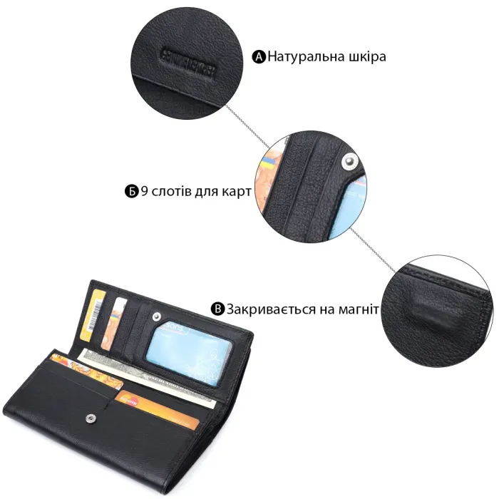 Функциональный женский кошелек с двумя клапанами из натуральной кожи ST Leather 22696 Черный