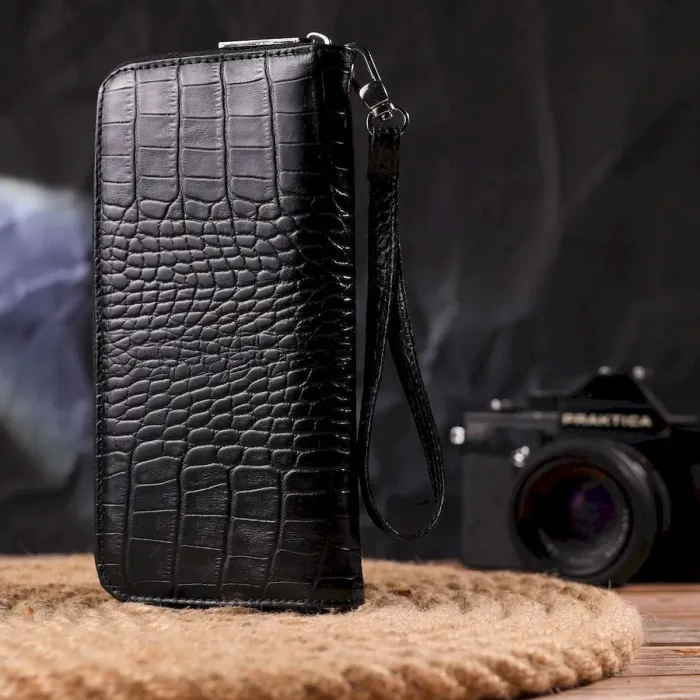 Горизонтальный кошелек для женщин из натуральной фактурной кожи под крокодила CANPELLINI 21623 Черный