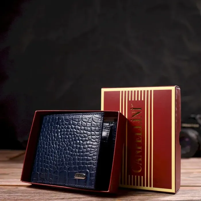 Интересное мужское портмоне из натуральной фактурной кожи CANPELLINI 21774 Синее