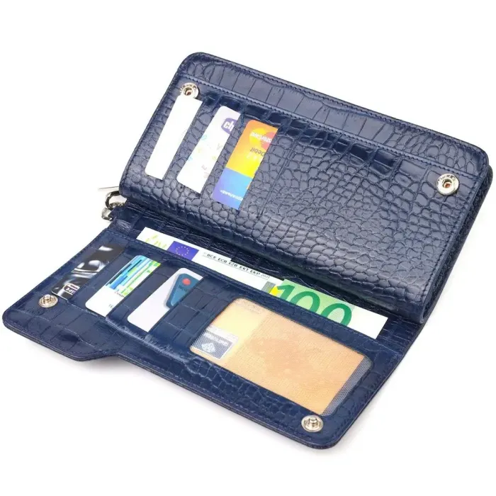 Цікаве портмоне клатч із натуральної шкіри з тисненням під крокодила CANPELLINI 21539 Синє