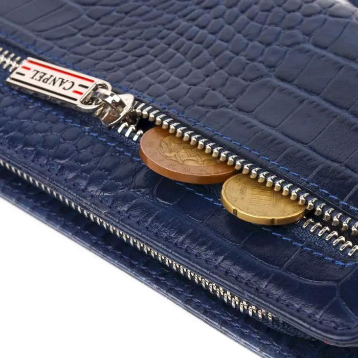 Цікаве портмоне клатч із натуральної шкіри з тисненням під крокодила CANPELLINI 21539 Синє