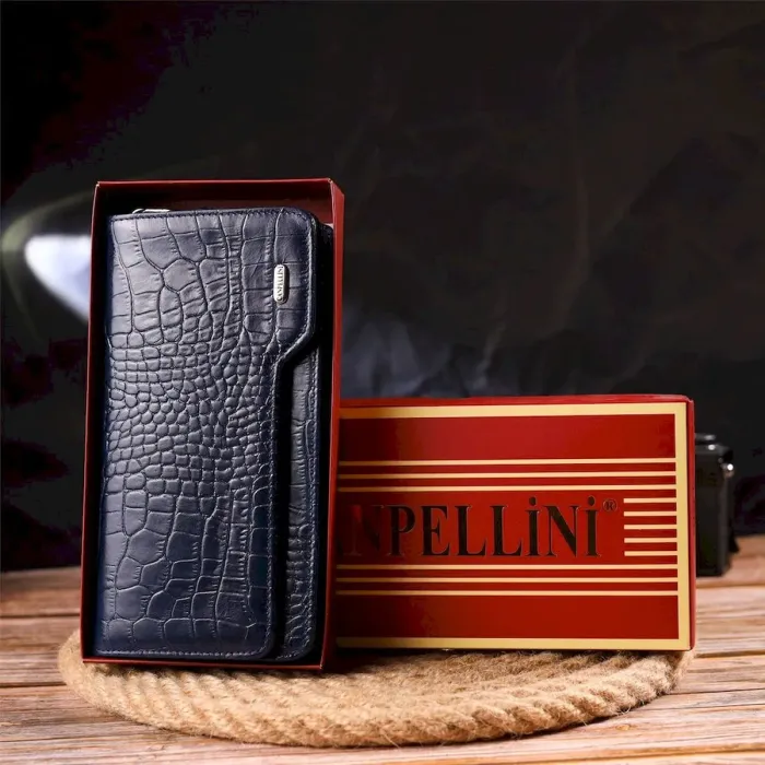 Цікаве портмоне клатч із натуральної шкіри з тисненням під крокодила CANPELLINI 21539 Синє