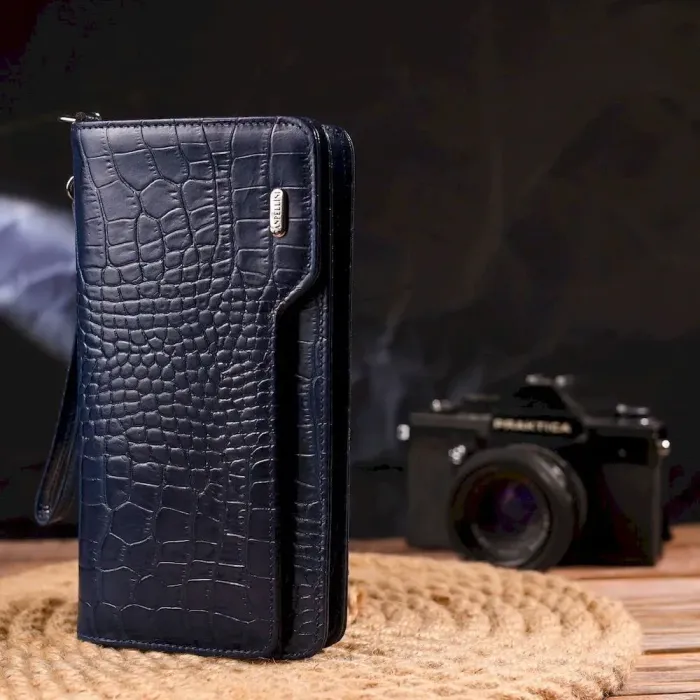 Цікаве портмоне клатч із натуральної шкіри з тисненням під крокодила CANPELLINI 21539 Синє