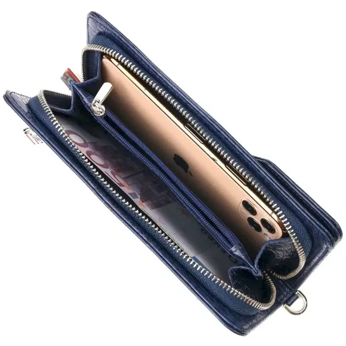 Цікаве портмоне клатч із натуральної шкіри з тисненням під крокодила CANPELLINI 21539 Синє