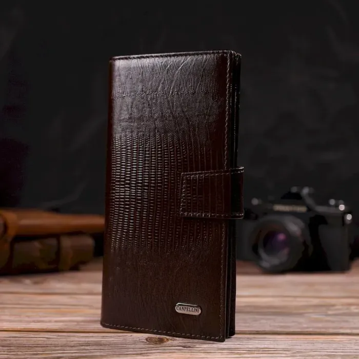 Цікаве вертикальне чоловіче портмоне з натуральної фактурної шкіри з тисненням CANPELLINI 21718