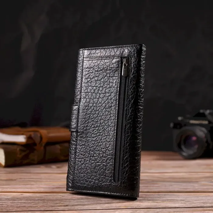 Интересное вертикальное мужское портмоне из натуральной крупнозернистой кожи CANPELLINI 21838 Черное