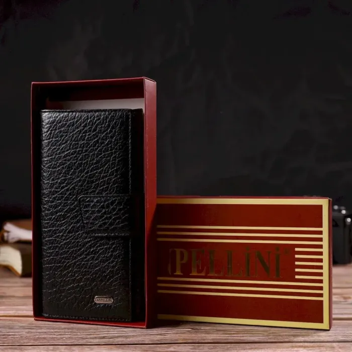 Интересное вертикальное мужское портмоне из натуральной крупнозернистой кожи CANPELLINI 21838 Черное