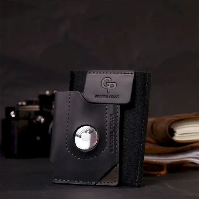 Цікавий картхолдер з утримувачем для Apple AirTag з натуральної шкіри GRANDE PELLE 11608 Чорний