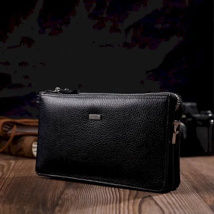 Цікавий клатч на два відділення з натуральної шкіри флотар BOND 22047 Чорний