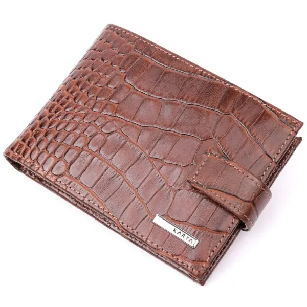 Цікавий чоловічий гаманець із натуральної шкіри з тисненням під крокодила KARYA 21202 Коричневий