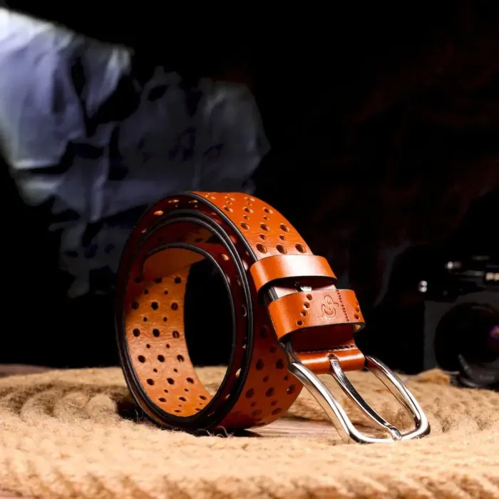 Интересный ремень унисекс с перфорацией из натуральной кожи Grande Pelle 21474 Рыжий