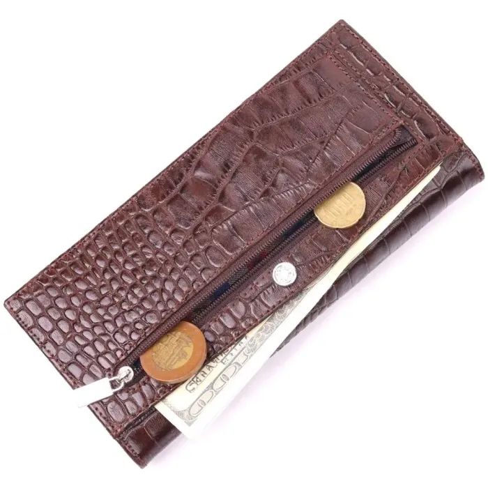 Интересный вертикальный бумажник из натуральной фактурной кожи KARYA 21434 Коричневый